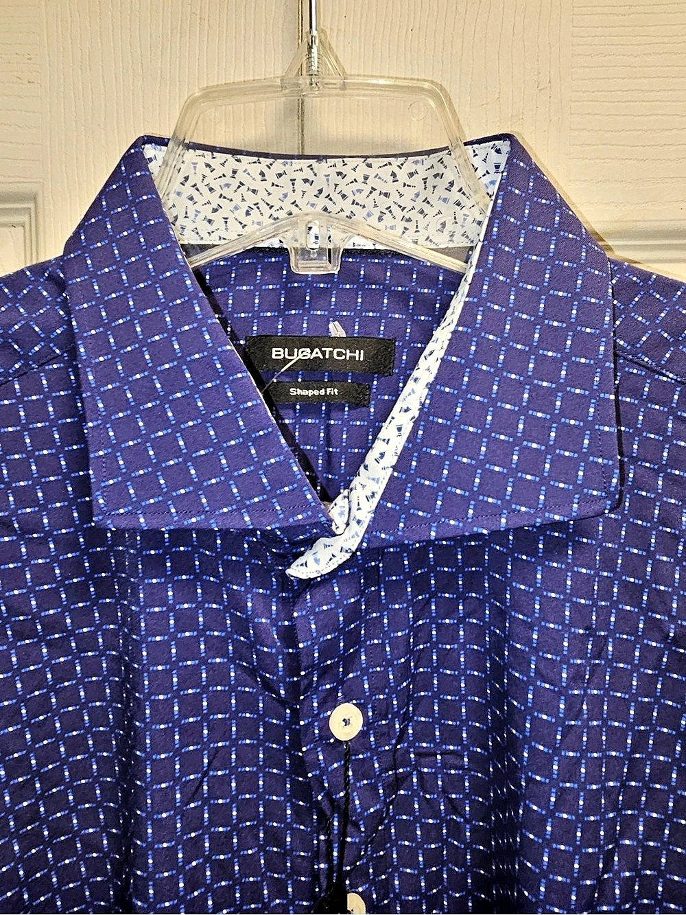 Bugatchi Shaped Fit Chess Print Long Sleeve Shirt Blue & Purple NWT